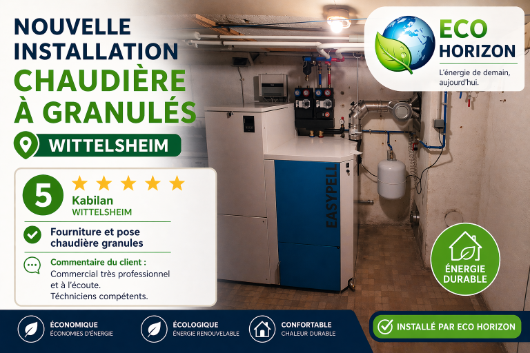 Installation d'une chaudière à granulés à Wittelsheim par Eco Horizon.